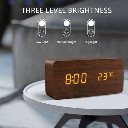 Modern Wooden LED Alarm Clock for Desk &amp; Bedroom